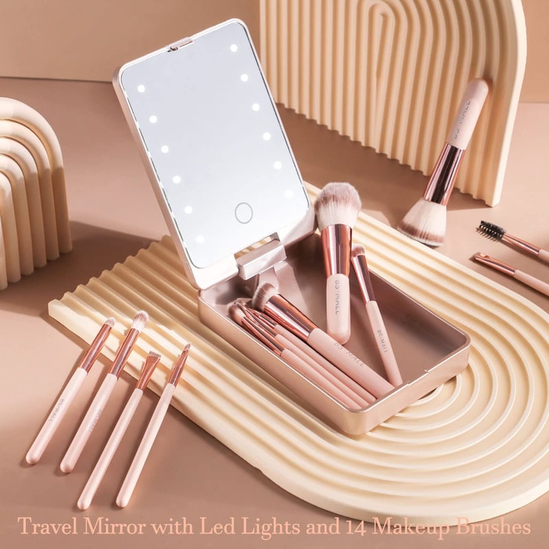 Sparkleve Travel Makeup Brush Set with LED Light Mirror