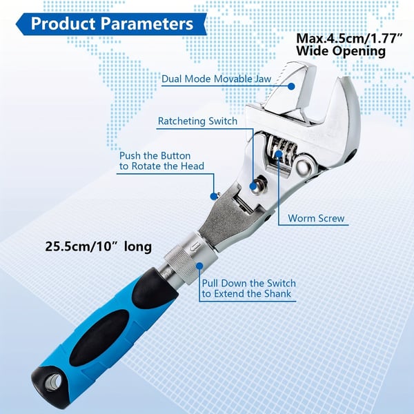 Wrenchover 10 Inch 5-In-1 Ratchet Adjustable Wrench with 180 Degree Folding Head