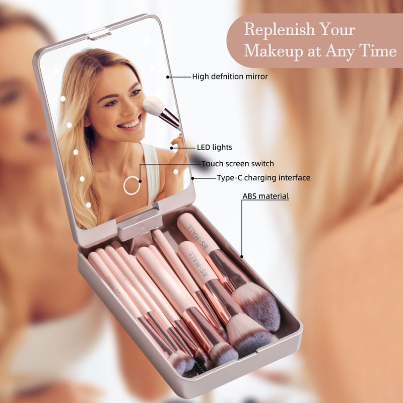 Sparkleve Travel Makeup Brush Set with LED Light Mirror