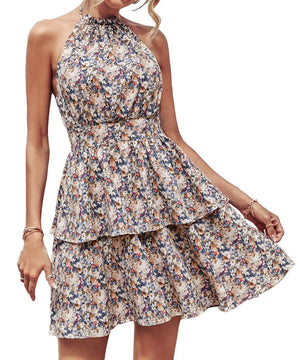 Ericka Summer Floral Halter Dress with Ruffle Details and Backless Design