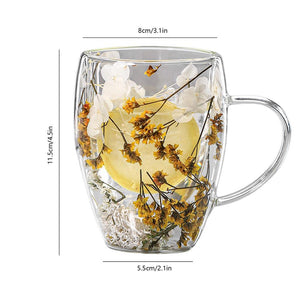 Floramug Double-Layer Glass Coffee Mug with Dried Flowers