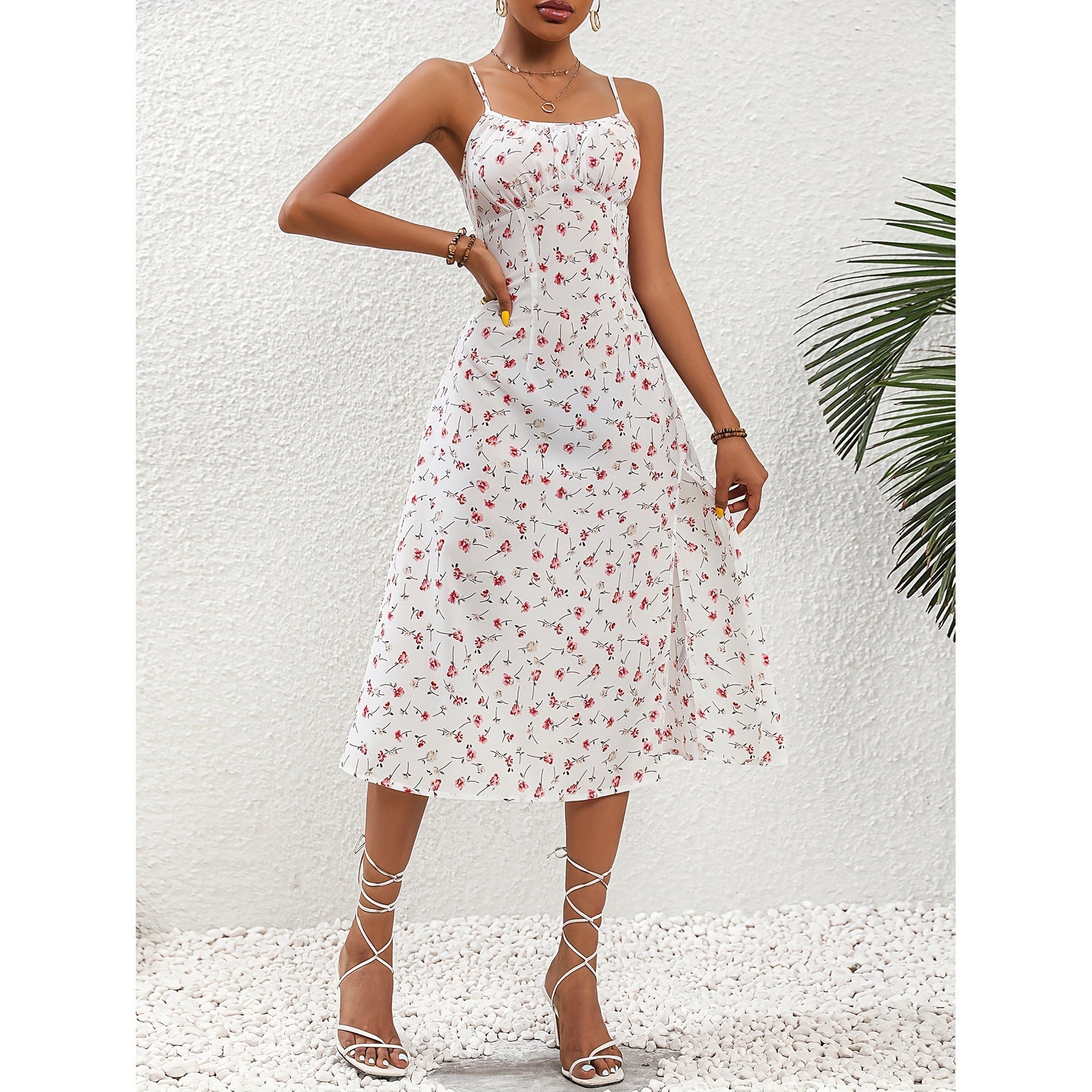 Vanya Polka Dot Print Maxi Dress with Sexy Slit and Suspender Straps