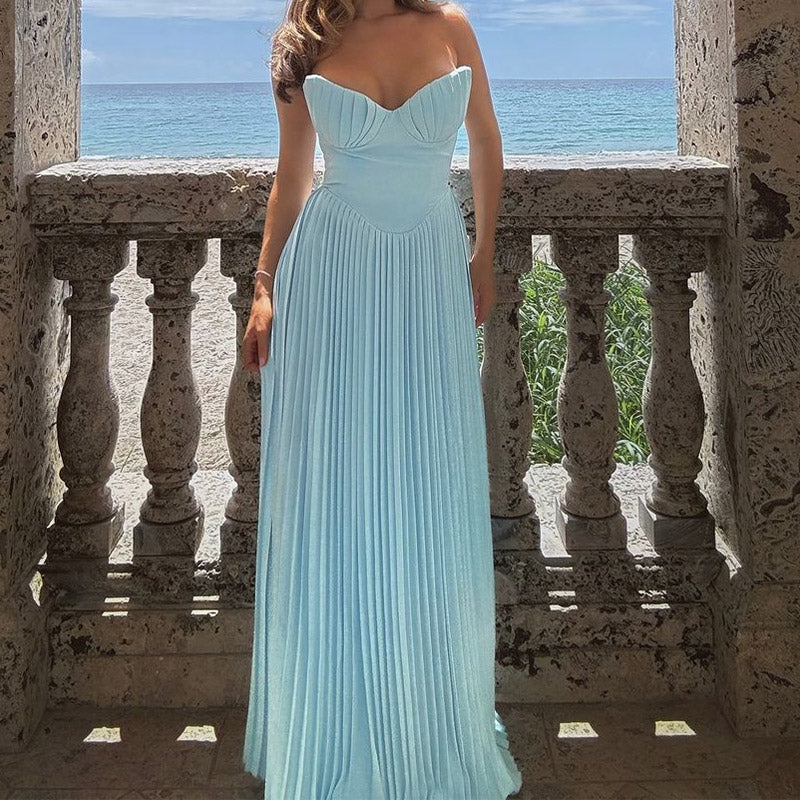 Vivie Luxury Off-Shoulder Blue Corset Maxi Dress