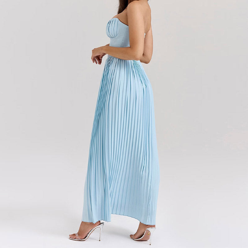 Vivie Luxury Off-Shoulder Blue Corset Maxi Dress