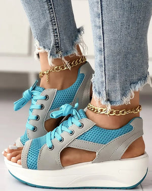 Women Contrast Paneled Cutout Lace-up Muffin Sandals