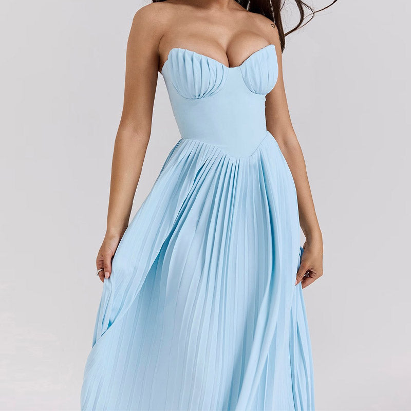 Vivie Luxury Off-Shoulder Blue Corset Maxi Dress