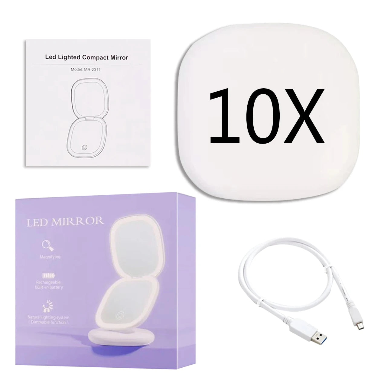 Signil™ Mini LED 10x Magnifying Cosmetic Mirror with different light settings, USB chargeable