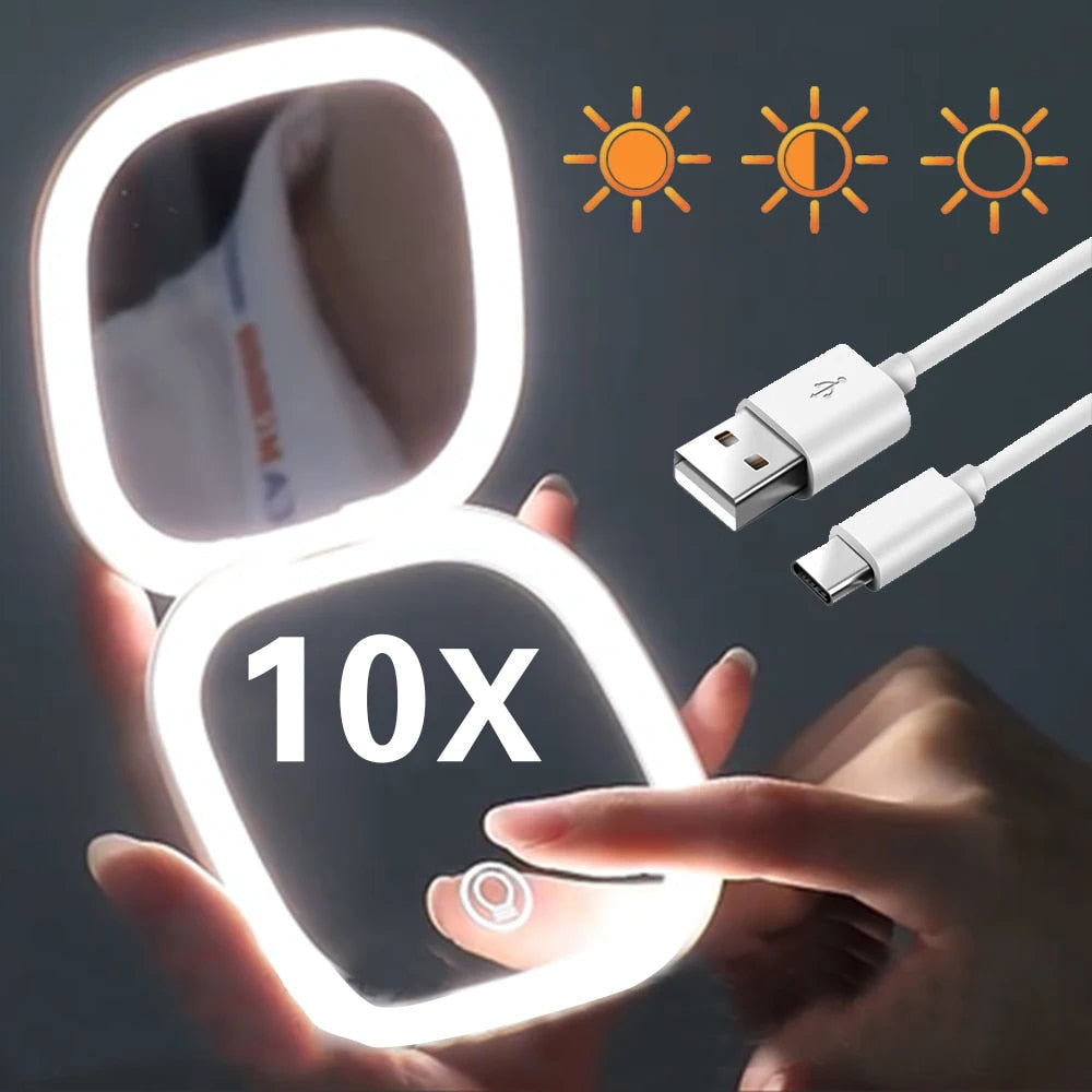 Signil™ Mini LED 10x Magnifying Cosmetic Mirror with different light settings, USB chargeable