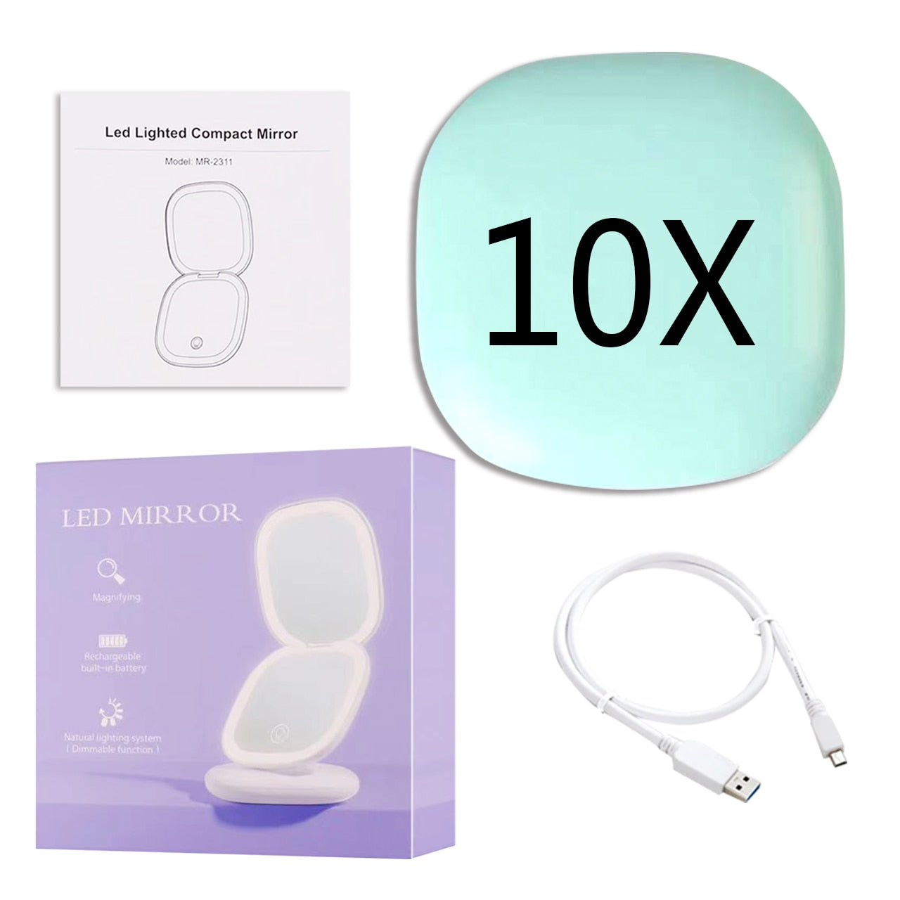 Signil™ Mini LED 10x Magnifying Cosmetic Mirror with different light settings, USB chargeable