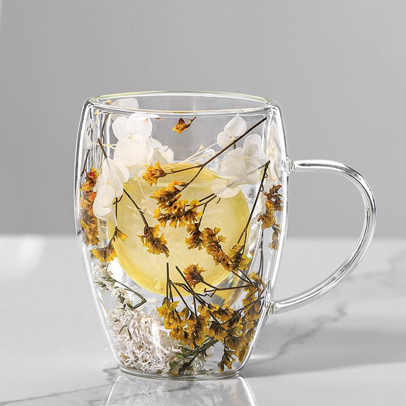 Floramug Double-Layer Glass Coffee Mug with Dried Flowers