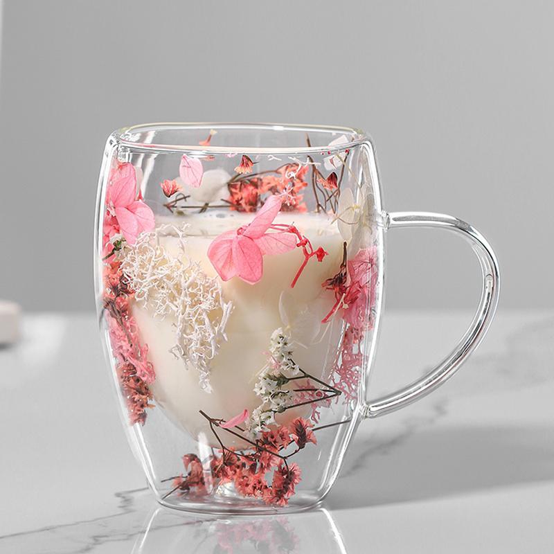 Floramug Double-Layer Glass Coffee Mug with Dried Flowers