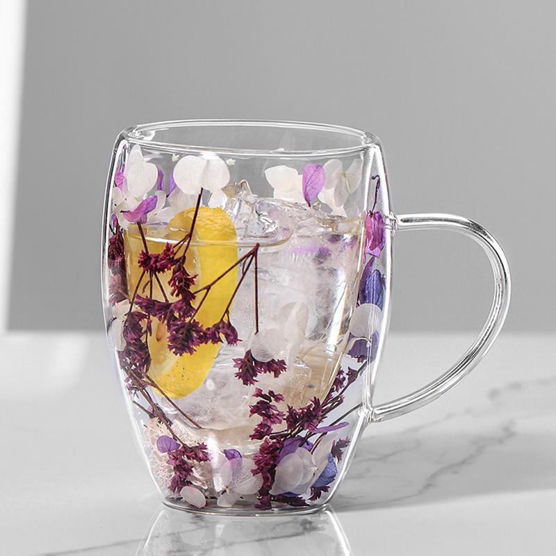 Floramug Double-Layer Glass Coffee Mug with Dried Flowers