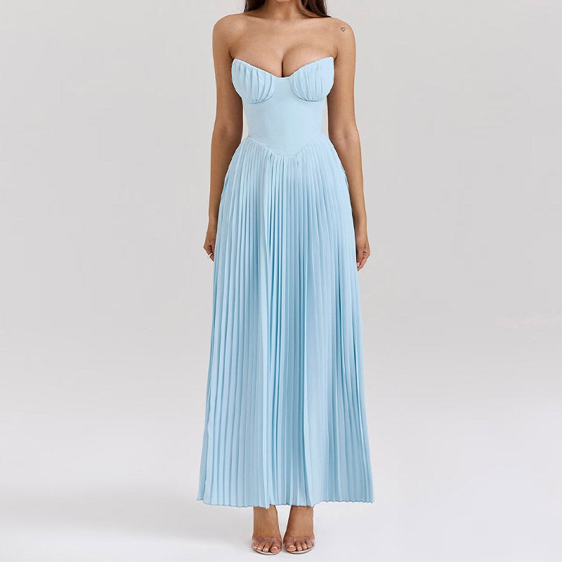 Vivie Luxury Off-Shoulder Blue Corset Maxi Dress